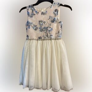 Elegant Cream and Blue Floral Kids Dress Size 8